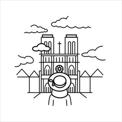 Cathedral in Paris and a girl in a hat, linear graphics