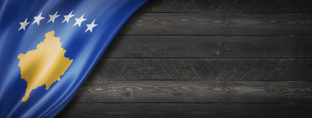 Kosovo flag on black wood wall banner