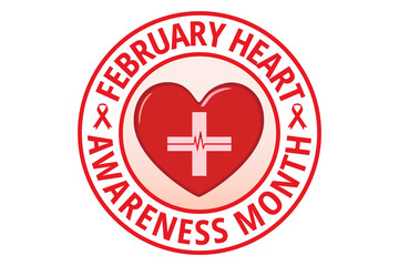 Obraz premium February Heart Awareness Month illustration vector isolated on white. A red heart, heartbeat pulse, text, and ribbons. Conceptual design.