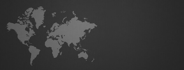 White world map on black wall background. Horizontal banner
