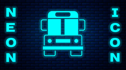 Glowing neon School Bus icon isolated on brick wall background. Public transportation symbol. Vector