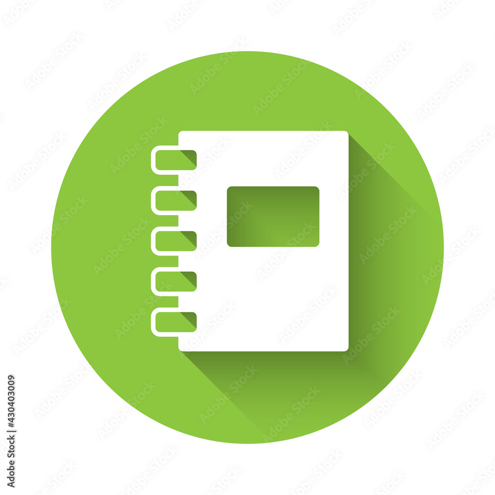 Poster white notebook icon isolated with long shadow. spiral notepad icon. school notebook. writing pad. di