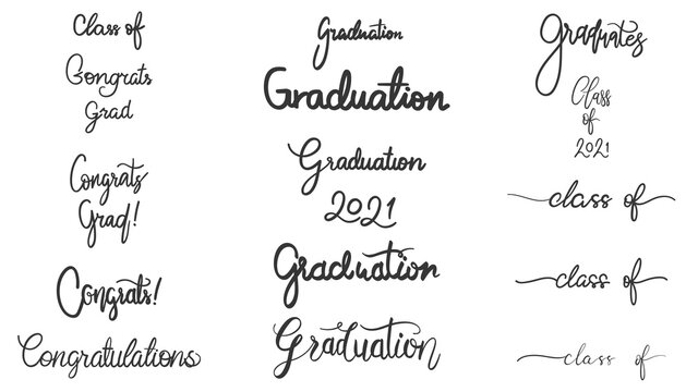 Graduation drawn calligraphy set in congratulations isolated on white background, Vector illustration EPS 10
