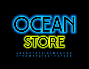 Vector glowing logo Ocean Store. Blue Illuminated Font. Set of Neon Alphabet Letters and Numbers