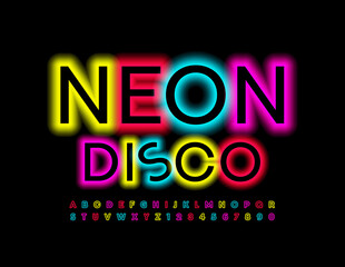 Vector Bright Banner Neon Disco. Colorful Glowing Font. Electric Alphabet Letters and Numbers