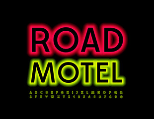 Vector neon Sign Road Motel. Illuminated light Font. Glowing set of Alphabet Letters and Number