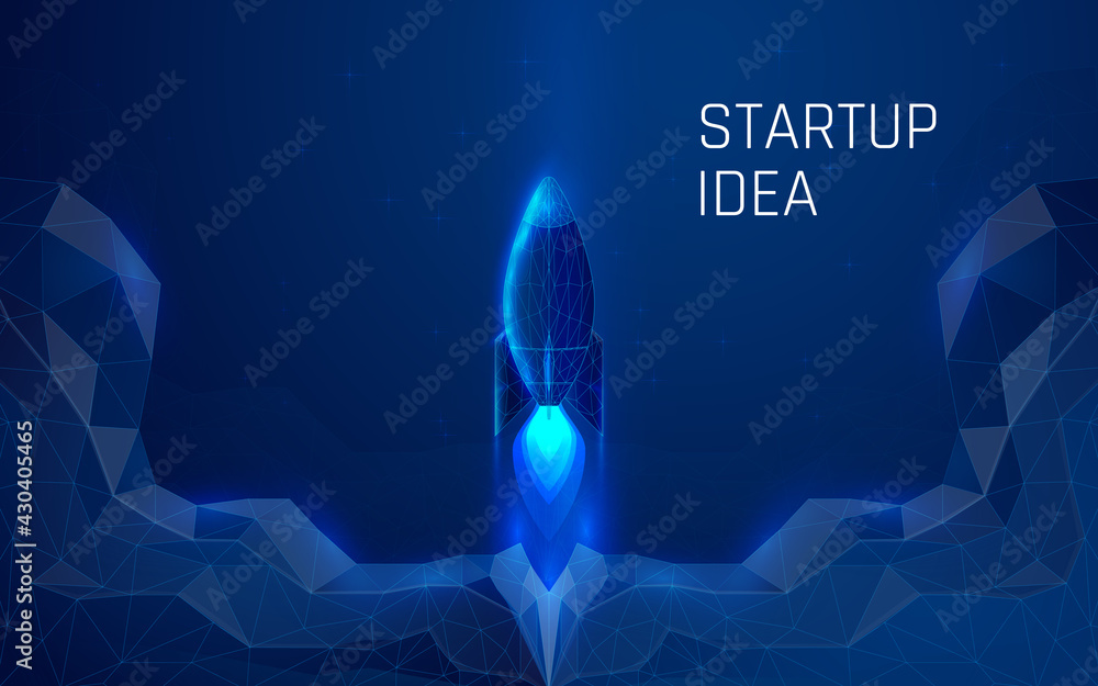 Poster rocket launch and clouds of smoke, starship taking off upward. creating a startup business idea.dark