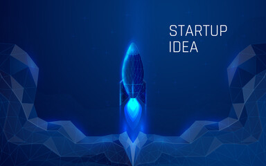 rocket launch and clouds of smoke, starship taking off upward. creating a startup business idea.dark-blue background. Wireframe. Isolated vector illustration. plexus. low poly.dots.triangle.Modern 3d  - obrazy, fototapety, plakaty