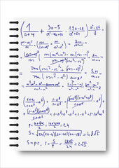 Ink scrawls on a white notebook. Notepad, formulas, shapes, geometry. The concept of education. Illustrations can be used to return to the school topic, algebra, natural sciences
