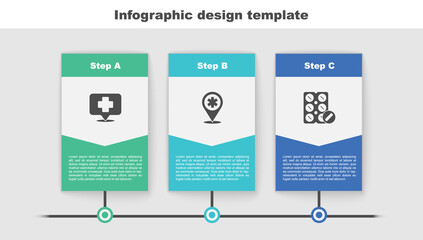 Set Map pointer with cross hospital, and Pills blister pack. Business infographic template. Vector