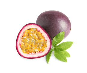 Cut and whole passion fruits with leaf isolated on white