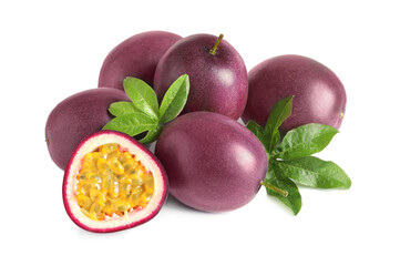 Cut and whole passion fruits with leaves on white background