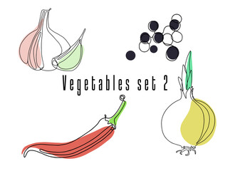 Vector Vegetables spices set. Line art, linear. Garlic, peppercorns, chili pepper, onion white background. Outline isolated logo for food vegetable design.