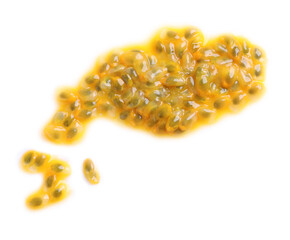 Passion fruit seeds on white background, top view