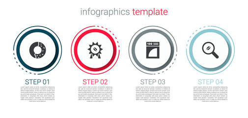 Set Donut with sweet glaze, Medal for coffee, Coffee paper filter and Selection beans. Business infographic template. Vector