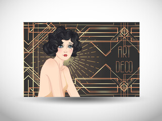 Art Deco vintage illustration of flapper girl. Retro party character in 1920 s style. Vector design for glamour event or jazz party.