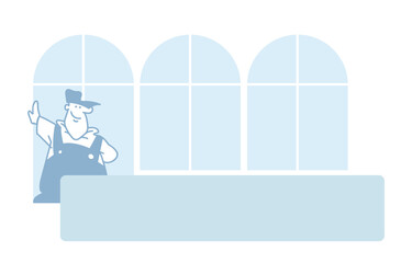 New windows in a new house. The master is satisfied with his work. Vector image for logo and illustrations.