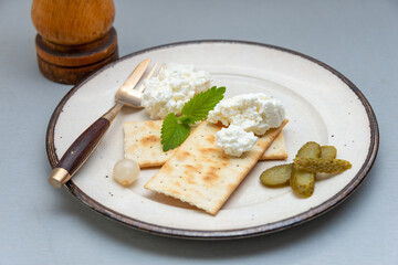 cottage cheese and crackers on a plate with pickles , diet or snack concept .