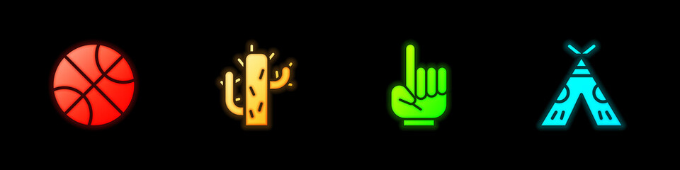 Set Basketball ball, Cactus, Number 1 one fan hand glove and Indian teepee or wigwam icon. Vector © Kostiantyn