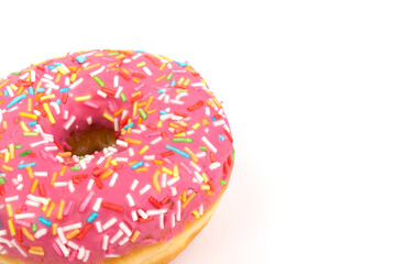 Fresh made Donuts isolated on white background. Doughnuts are traditional sweet pastries. Copy space for text.