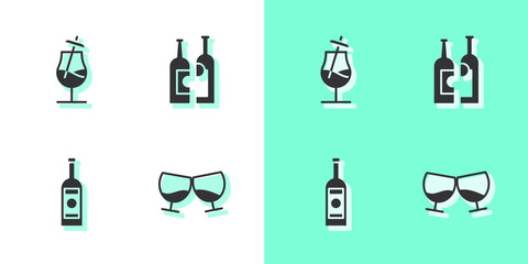 Set Glass of cognac or brandy, Cocktail, bottle vodka and Bottles wine icon. Vector