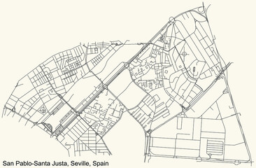 Fototapeta na wymiar Black simple detailed street roads map on vintage beige background of the quarter San Pablo-Santa Justa district of Seville, Spain
