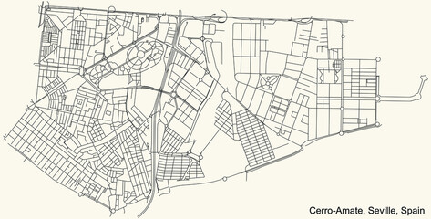 Black simple detailed street roads map on vintage beige background of the quarter Cerro-Amate district of Seville, Spain