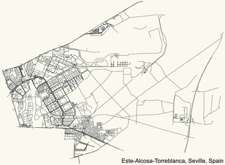 Black simple detailed street roads map on vintage beige background of the quarter Este-Alcosa-Torreblanca district of Seville, Spain