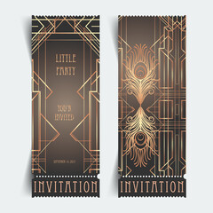Art Deco vintage invitation template design with illustration of flapper girl. patterns and frames. Retro party background set (1920's style). Vector for glamour event, thematic wedding or jazz party.