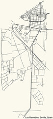 Black simple detailed street roads map on vintage beige background of the quarter Los Remedios district of Seville, Spain