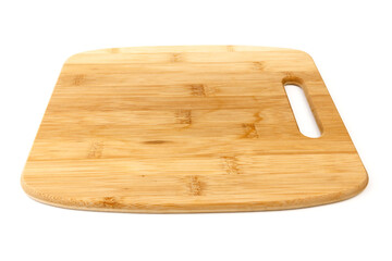 Top view high quality wood cutting board, brown wood. Chopping boards made from natural bamboo. Isolated image kitchen utensil on white background.