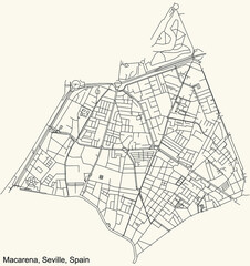 Black simple detailed street roads map on vintage beige background of the quarter Macarena district of Seville, Spain