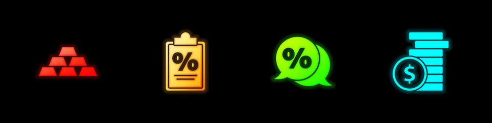 Set Gold bars, Finance document, Discount percent tag and Coin money with dollar icon. Vector