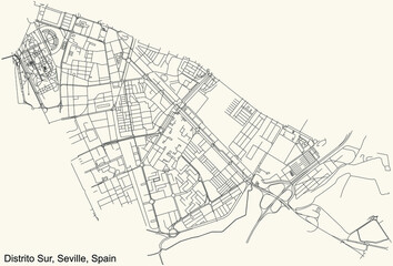Black simple detailed street roads map on vintage beige background of the quarter Distrito Sur district of Seville, Spain