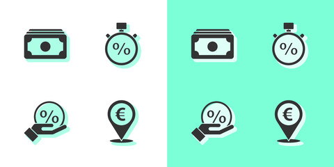 Set Cash location, Stacks paper money cash, Discount percent tag and Stopwatch and icon. Vector