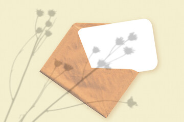 Natural light casts shadows from the plant on an envelope with a sheet of white paper lying on a yellow textured background. Mockup