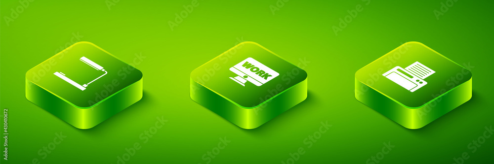 Poster set isometric monitor with text work, printer and table lamp icon. vector