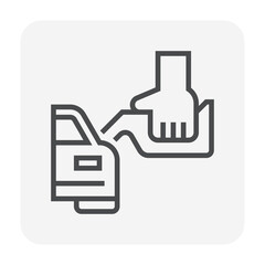 Refueling service of petroleum product vector icon. Include hand worker character. That human cartoon, person or attendant to hold dispenser for fill oil, gasoline, benzine to car, automobile, vehicle