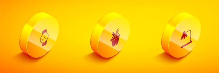 Set Isometric Wrist watch, Plant in pot and Table lamp icon. Vector