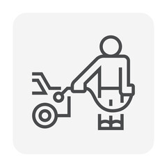 Man worker character vector ico. Human cartoon, person or attendant hold dispenser for refueling service of power energy or petroleum product i.e. oil, gasoline, benzine to car, automobile or vehicle.