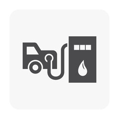 Black fuel nozzle connected by curved hose to dispenser with droplet symbol, silhouette vector for petrol station symbols, gasoline supply catalogs, refueling diagrams and forecourt service guides. © DifferR