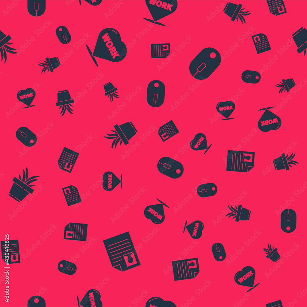 Poster set resume, heart with text work, plant in pot and computer mouse on seamless pattern. vector