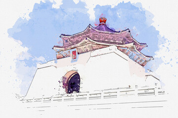 Obraz premium Watercolor drawing picture landscape view of Chiang Kai-shek memorial at Taipei Taiwan.