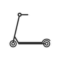 Black kick scooter or balance bike icon. Flat push scooter isolated on white