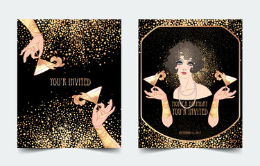 Art Deco vintage illustration of flapper girl. Retro party character in 1920 s style. Vector design for glamour event or jazz party.