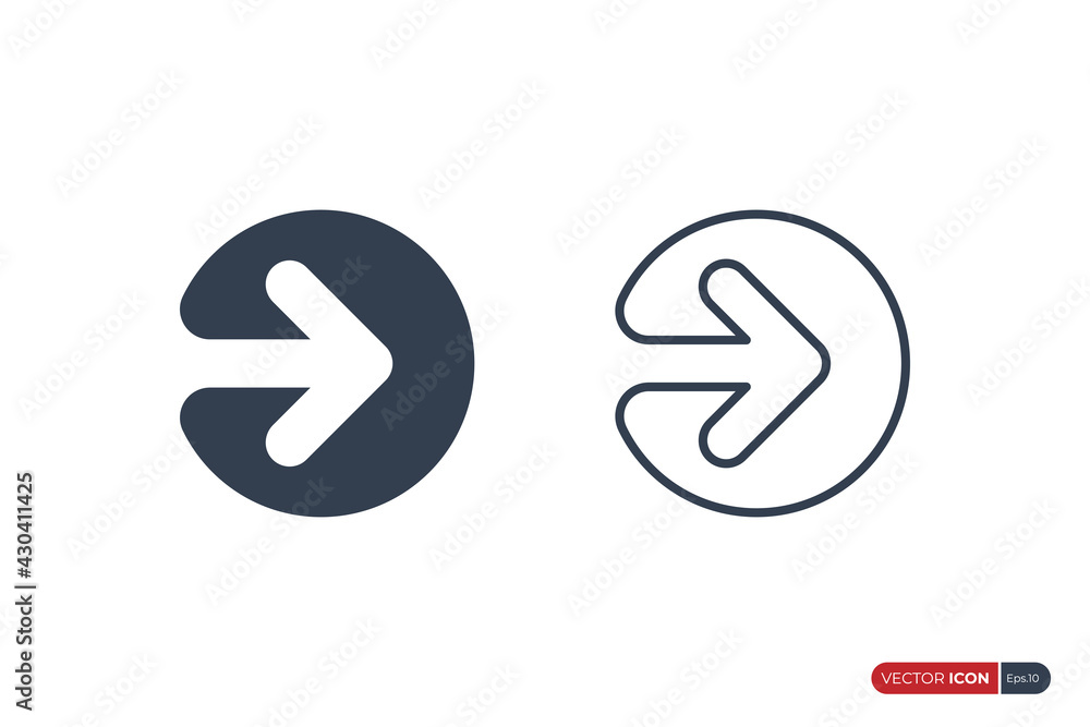 Poster simple arrow icon. fill and outline circle shape with negative space right arrow isolated on white b