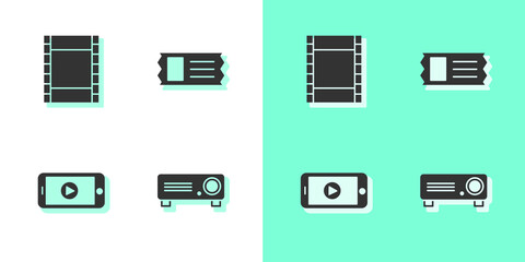 Set Movie, film, media projector, Play Video, Online play video and Cinema ticket icon. Vector