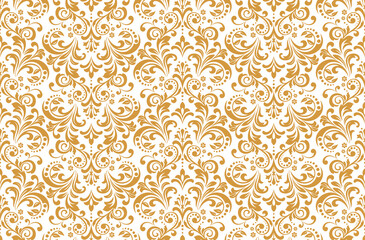 Wallpaper in the style of Baroque. Seamless vector background. White and gold floral ornament. Graphic pattern for fabric, wallpaper, packaging. Ornate Damask flower ornament