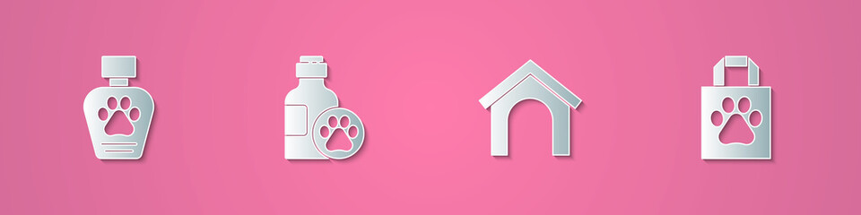 Obraz premium Set paper cut Pet shampoo, , Dog house and Shopping bag pet icon. Paper art style. Vector