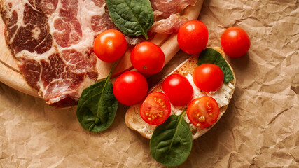 Fresh bruschetta on craft paper. Delicious snack
